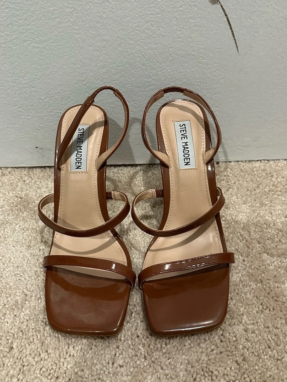 Steve Madden Gracey Brown Patent Strappy Stiletto Heeled Sandals